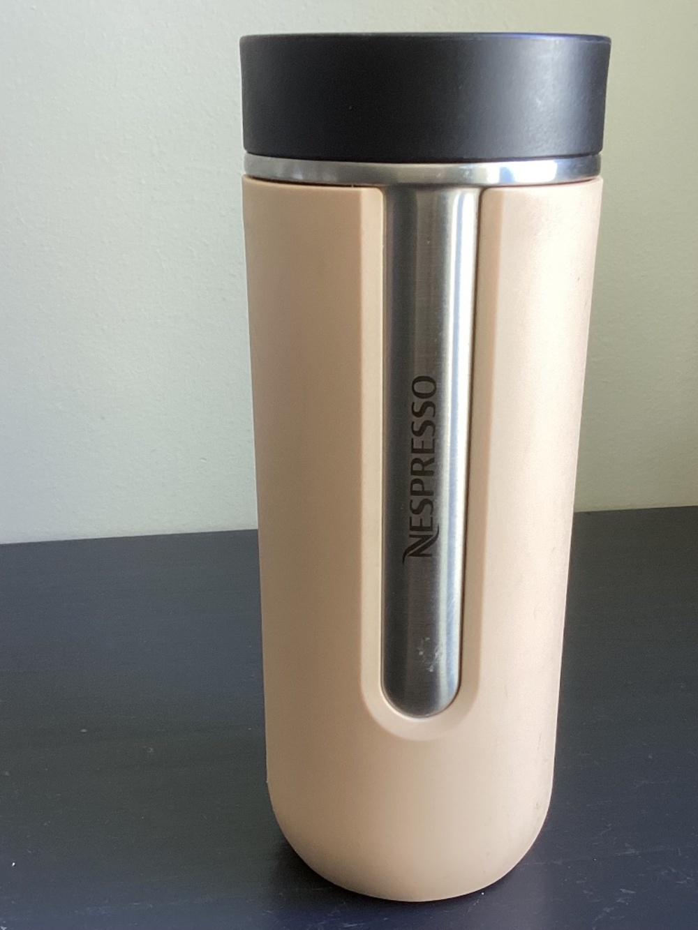 Nespresso Travel Tumbler Mug Stainless Steel 18oz Beige Black Twist Lid